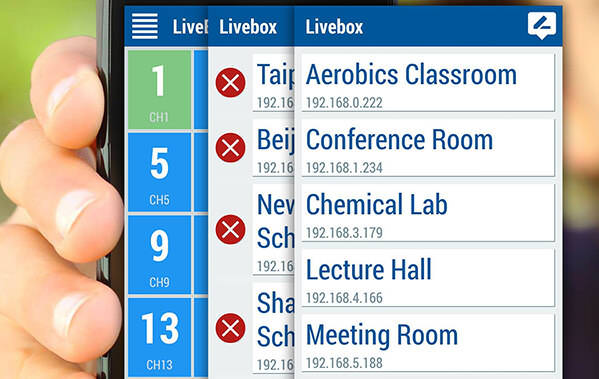 Livemote遙控器APP行動應用軟體安裝在Android或iOS手機或平板，可透過標準乙太網路同時控制多台Livebox或Livebox PRO 4K 直播機，使用者可切換直播頻道，或是變更Livebox或Livebox PRO 4K 直播機的設定值。