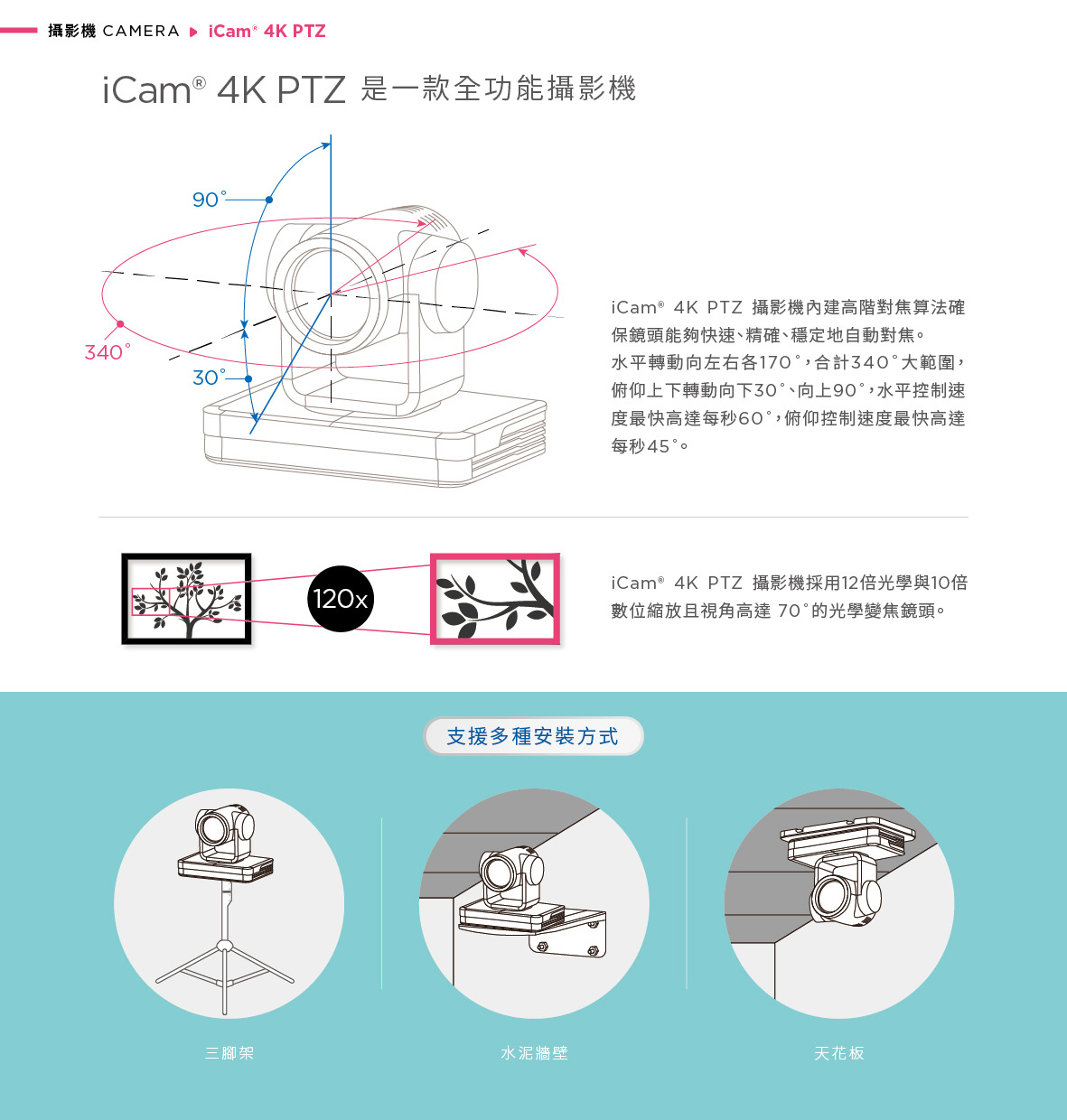 iCam 4K PTZ 採用先進 AI 人形追蹤技術，可在單台攝影機下自動切換多位講者追蹤，或由多台攝影機分工追蹤不同對象，確保畫面不混淆不中斷，特別適用於教育講座、研討會與實況轉播，搭載 4K 高解析畫質與精準追焦與定位演算，免人力控鏡也能同步拍攝多位講者，是自動化錄影系統中不可或缺的專業級 4K 自動追蹤攝影機。