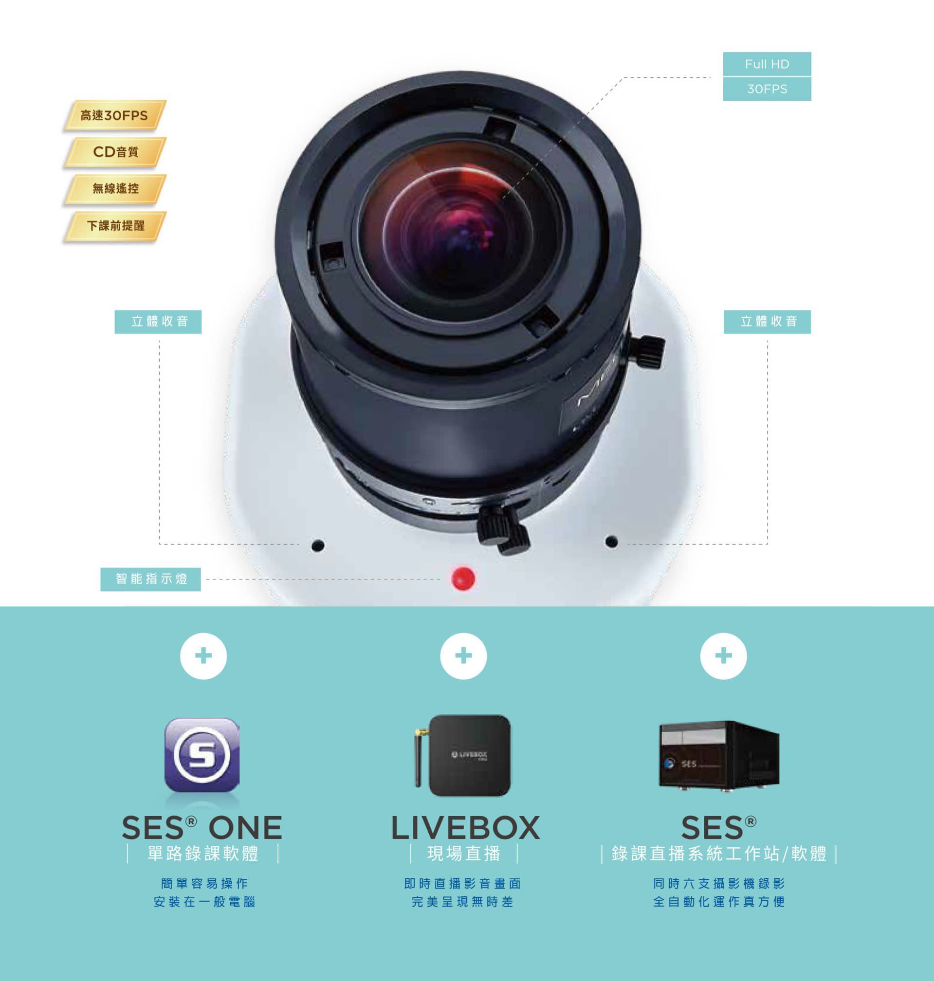 iCam PRO 超高画质数位摄影机支持 Full HD 画质与 30FPS 高速录影,具备立体收音、智能指示灯、CD 级音质与无线遥控启录功能,能与 SES One 录课软件、Livebox 即时直播与 SES 多机录制系统无缝整合,是教育机构实现课程拍摄、自动录影与现场直播的最佳教学影象设备。