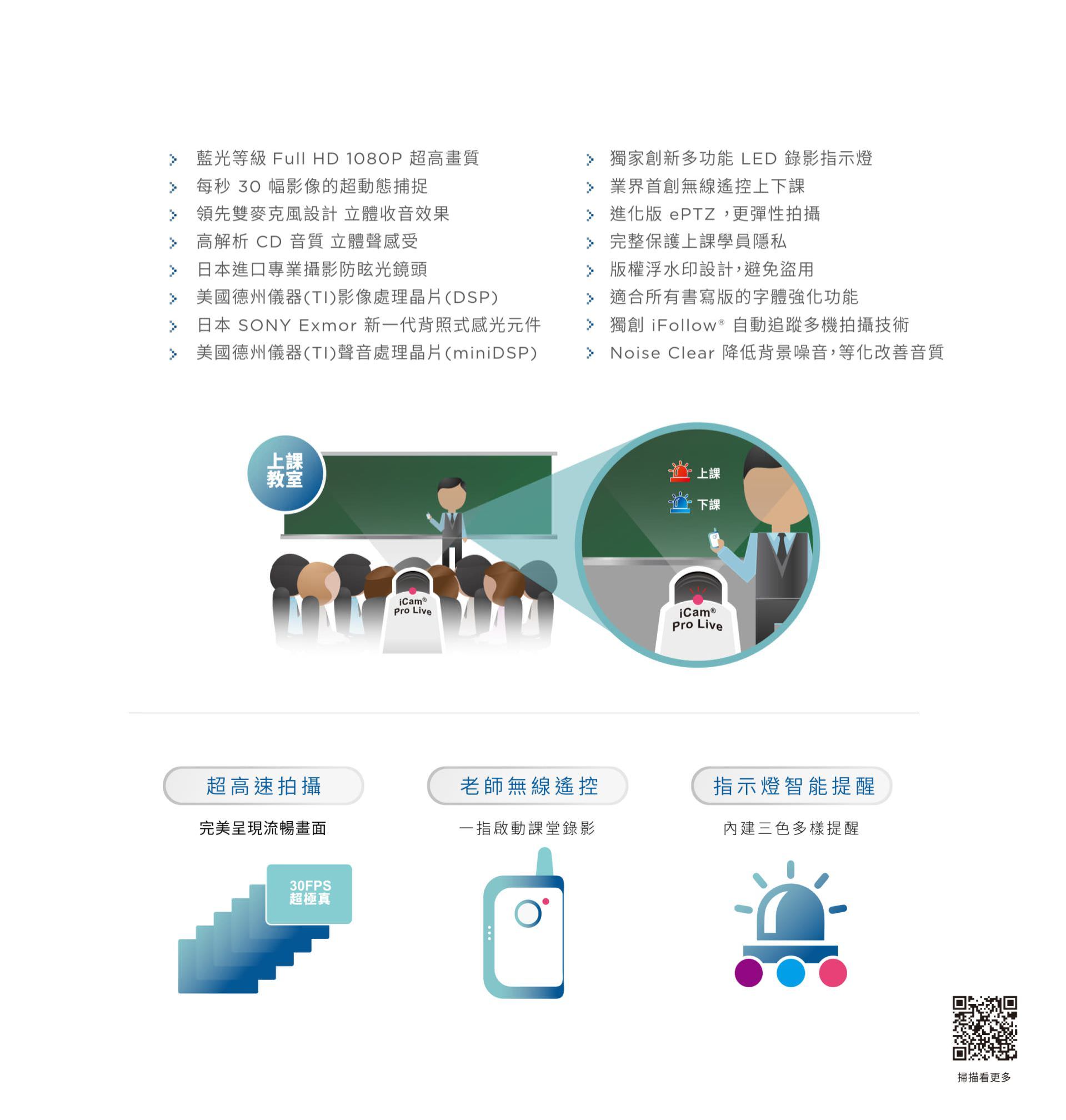 iCam Pro LIVE 攝影機具備藍光等級 Full HD 1080P 超高畫質與 30FPS 超順暢影像輸出,內建高解析 CD 音質立體收音、德製 DSP 處理晶片與 SONY Exmor 背照式感光元件,支援 ePTZ 靈活構圖與 iFollow 多機自動追蹤拍攝,搭配無線啟錄器與三色 LED 指示燈提示上課狀態,適用數位教學、課堂錄影與智慧教室,是功能完整、畫質與聲音兼備的專業級直播攝影機。