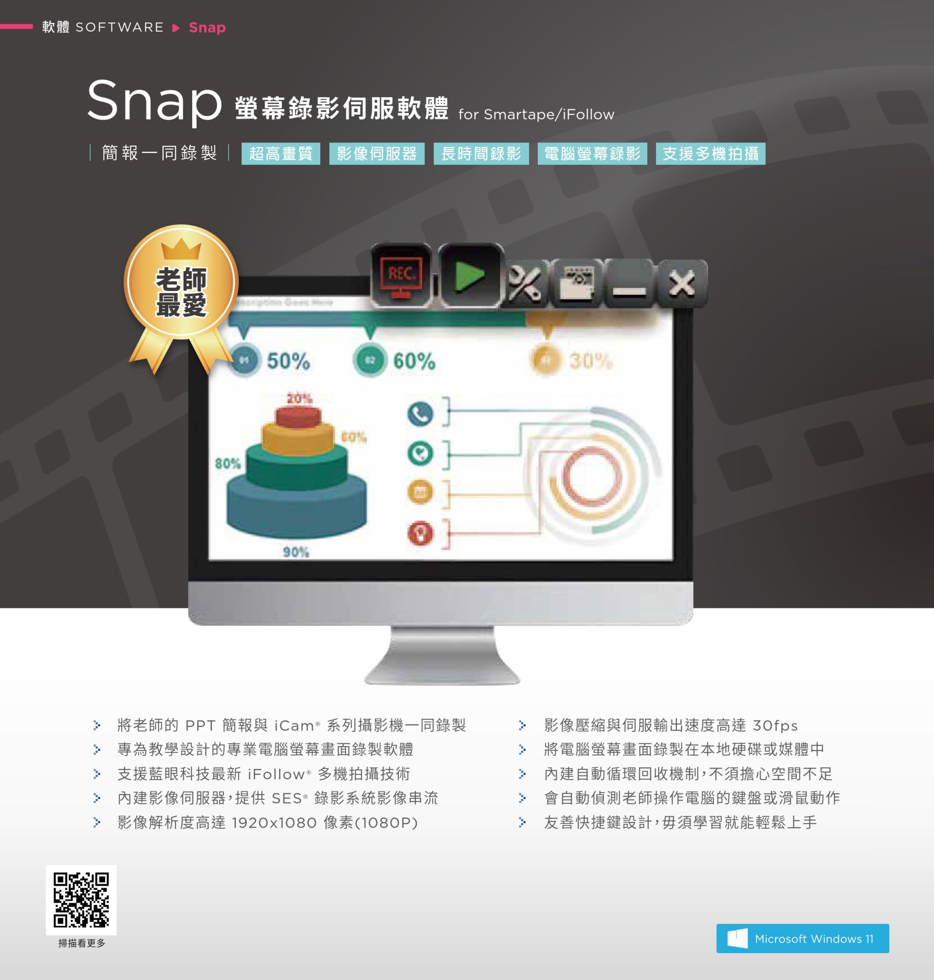 Snap 螢幕錄影伺服軟體支援將簡報畫面與 iCam 攝影機影像同步錄製，內建 SES 系統影像串流與 iFollow 多鏡拍攝技術，錄影解析度達 1920x1080 並具 30fps 高畫質輸出，影片可儲存於本地硬碟或媒體中心，操作介面簡單直覺，適合教師製作教學簡報影片並同步錄下解說動作，是教育簡報與螢幕教學的最佳錄影工具。