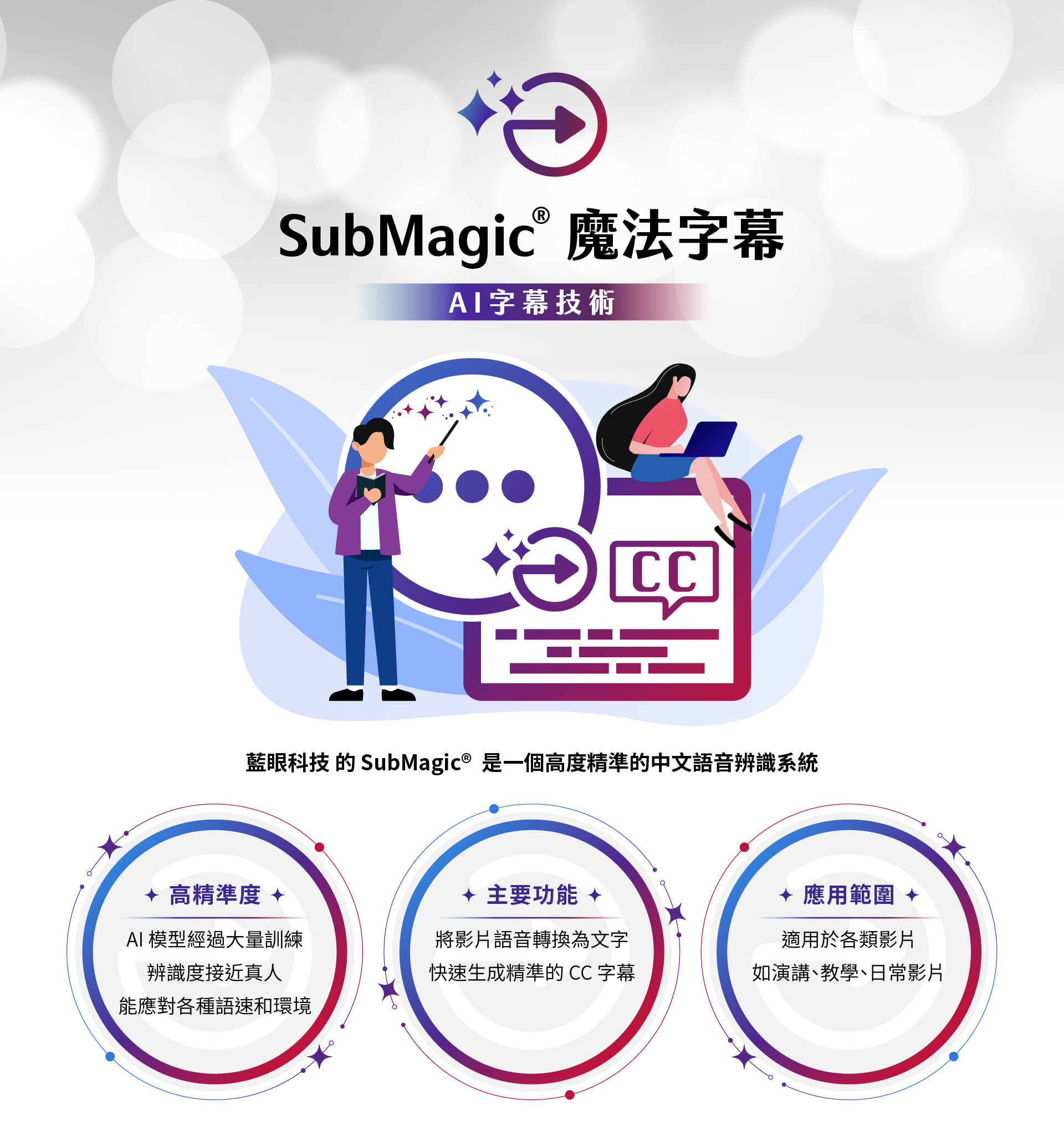 SubMagic魔法字幕，運用先進AI語音辨識技術，能快速、精準地將語音轉換為字幕，無論是演講、教學還是日常影片，都能生成高品質的CC字幕。適用於各種影片場景，提升觀看體驗，讓語音與文字無縫結合，輕鬆實現跨語言的交流與學習。